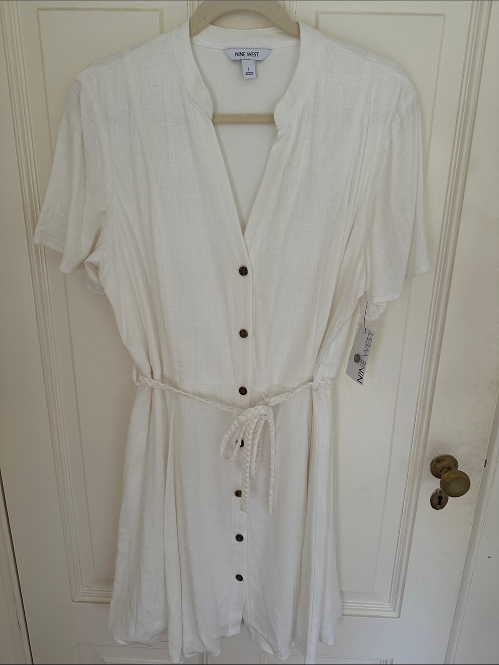 Nine West White Button-Front Tie-Waist Mini Dress